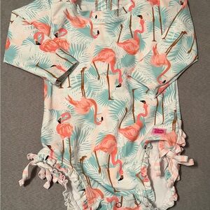 Rufflebutts Flamingo Long-Sleeve Swimsuit - Pink & Aqua 6-12M